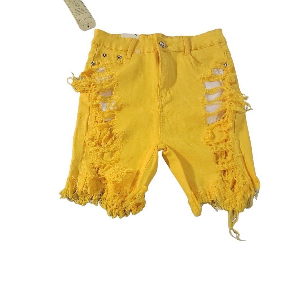 Fashion Jeans Womens Yellow High Rise Distressed Bermuda Shorts Size Medium